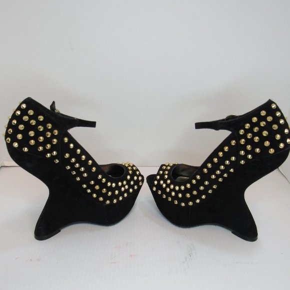 Steve Madden Gammblee Black Gold Studded Wedge Platform Heels - Picture 5 of 8